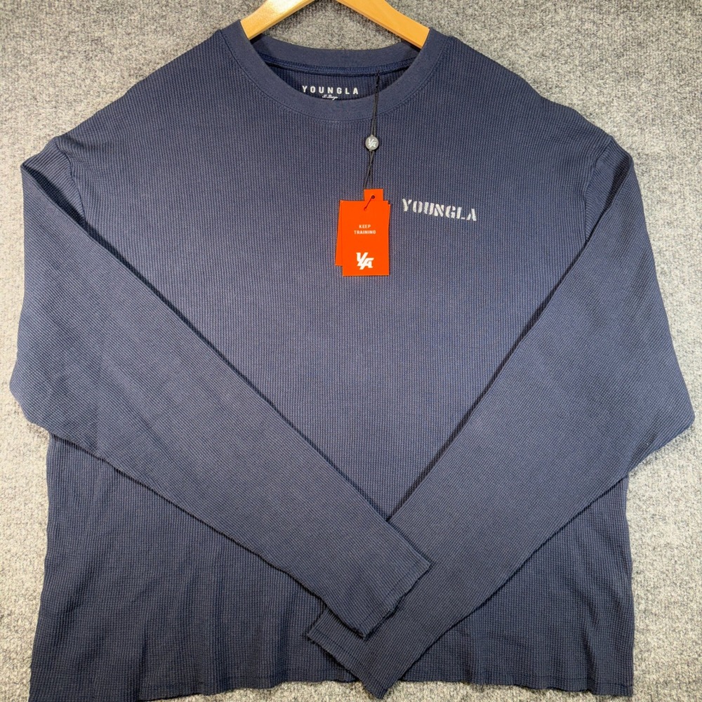 YoungLA Waffle Knit Long Sleeve Shirt Mens XL Blue Thermal Logo Gym Tee